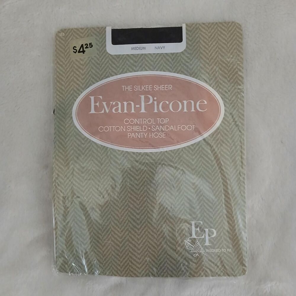VTG 90s Evan Picone The Silkee Sheer Control Top Sandal foot Pantyhose Navy M